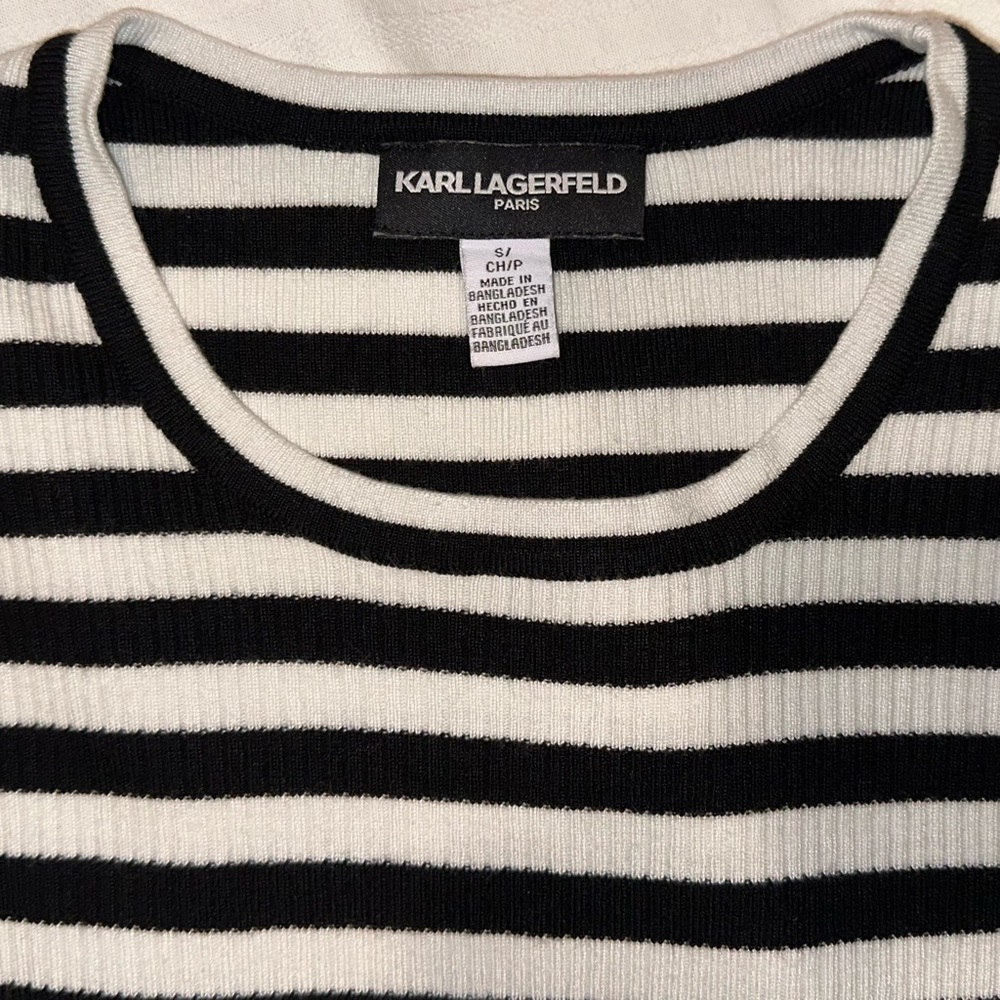 Karl Lagerfeld Paris Women’s Sweater Black & White Striped Ribbed Logo Top Sz S - Picture 3 of 7